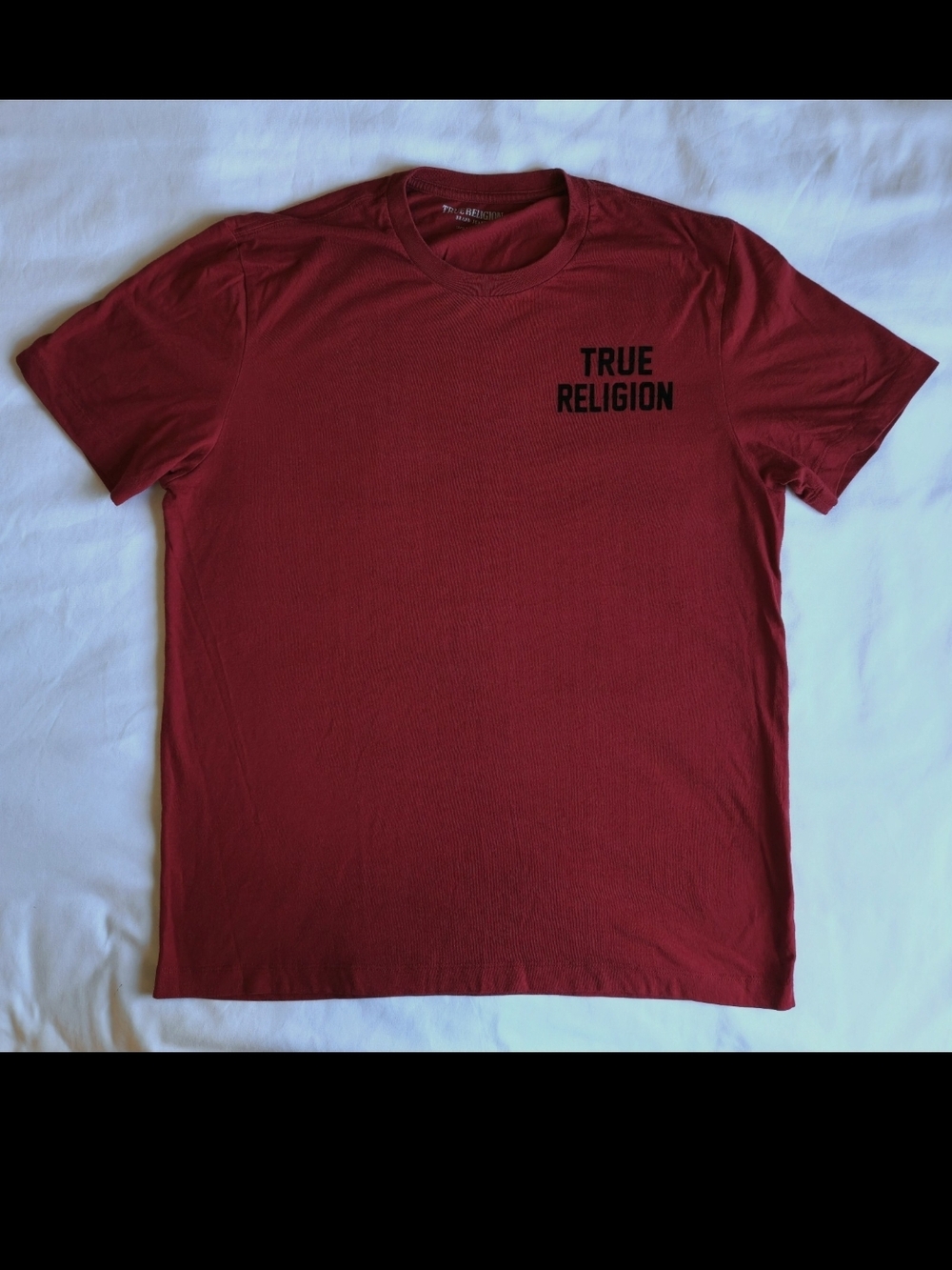 True Religion Shirt Burgundy Black Suede Lettering Short Sleeve Logo Mens Size M